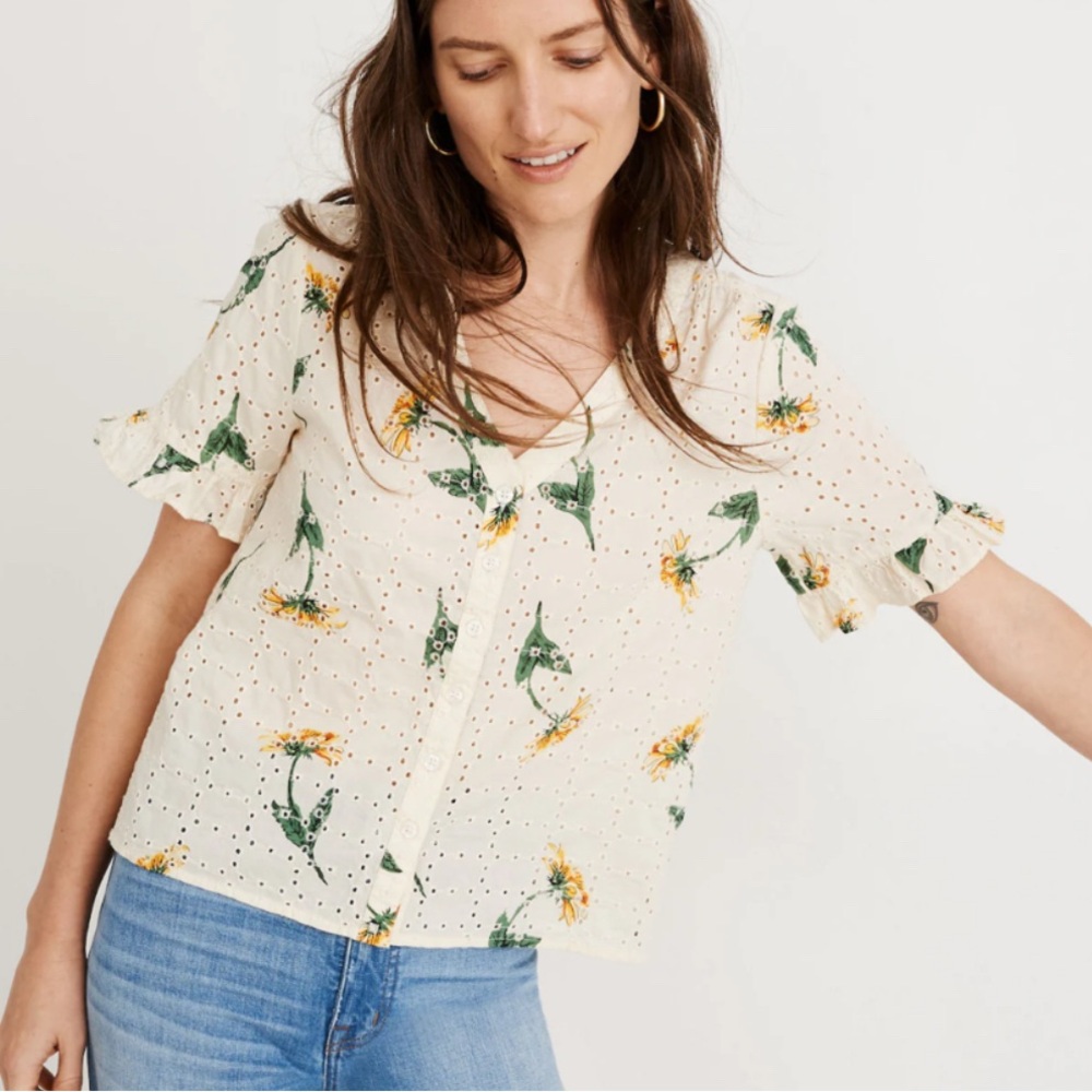 Madewell | EUC - Eyelet Village Ruffle Sleeve - Sunflower Print - Size S